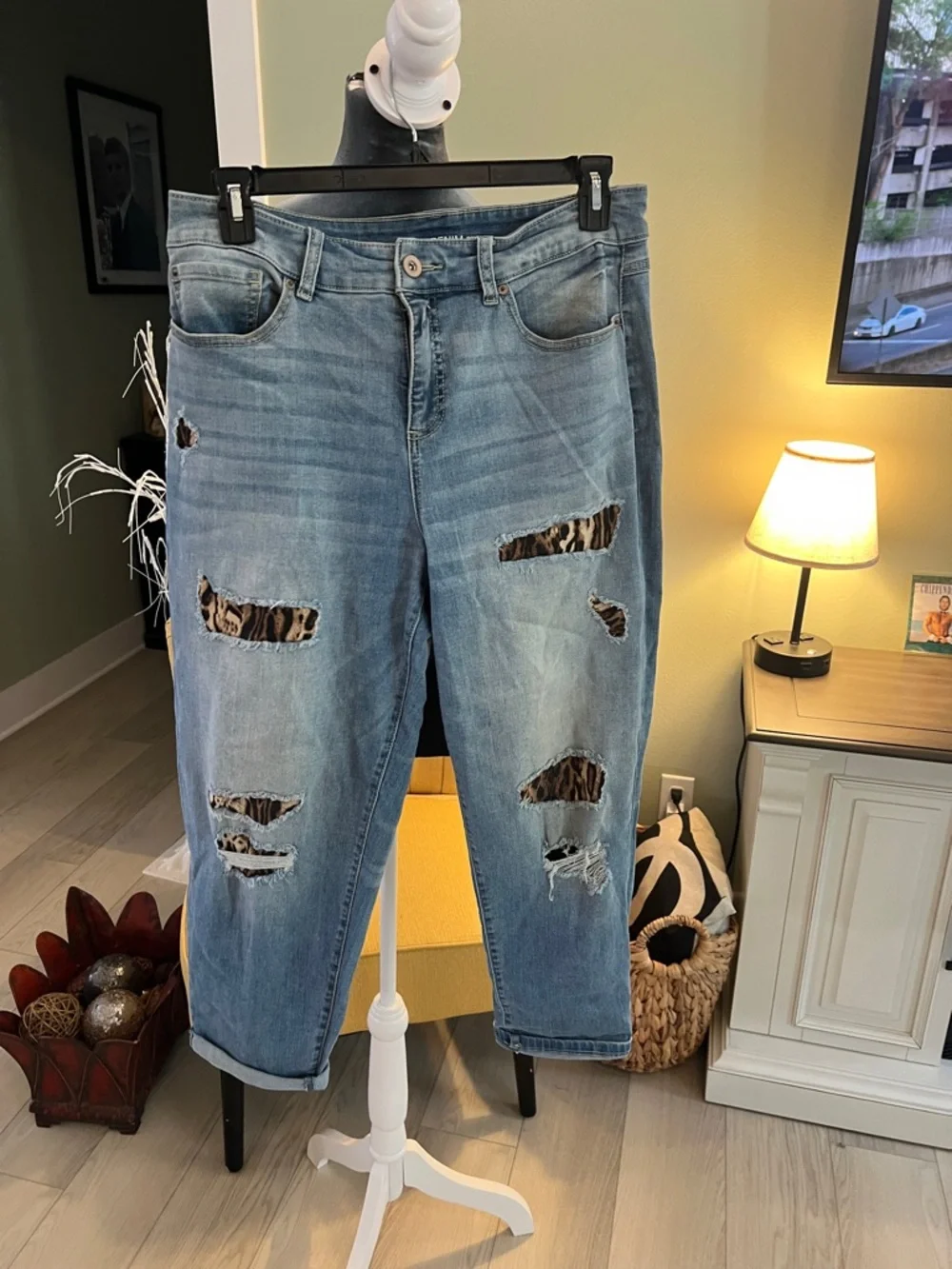 Light Blue Distressed Women's Jeans with Leopard Patch Detail - Picture 1 of 9